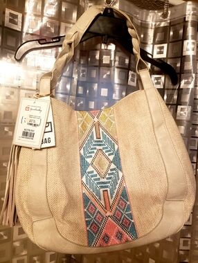JEN & CO Beaded Accent Cream Shoulder Bag